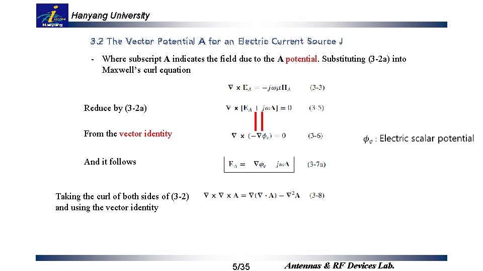 Hanyang University 3. 2 The Vector Potential A for an Electric Current Source J