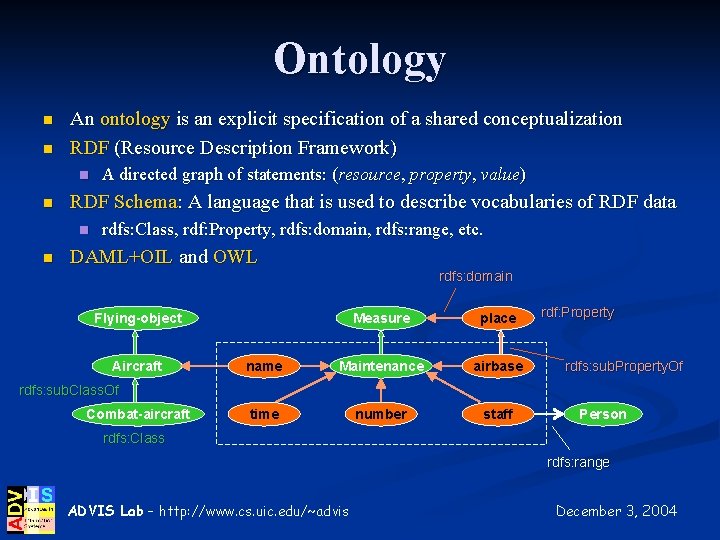 Ontology n n An ontology is an explicit specification of a shared conceptualization RDF