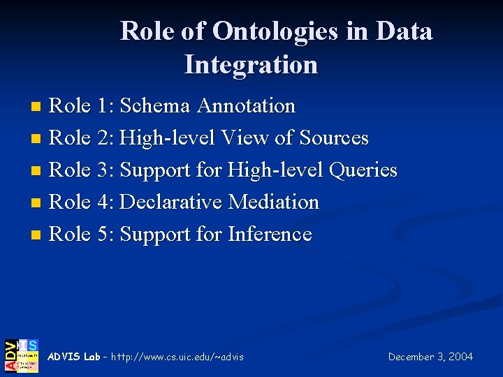 Role of Ontologies in Data Integration Role 1: Schema Annotation n Role 2: High-level