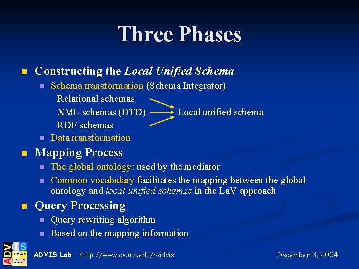 Three Phases n Constructing the Local Unified Schema n n n Mapping Process n