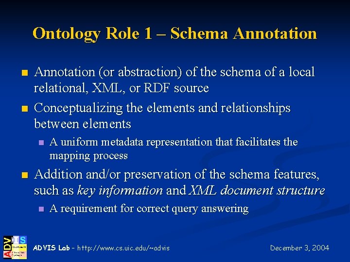 Ontology Role 1 – Schema Annotation n n Annotation (or abstraction) of the schema