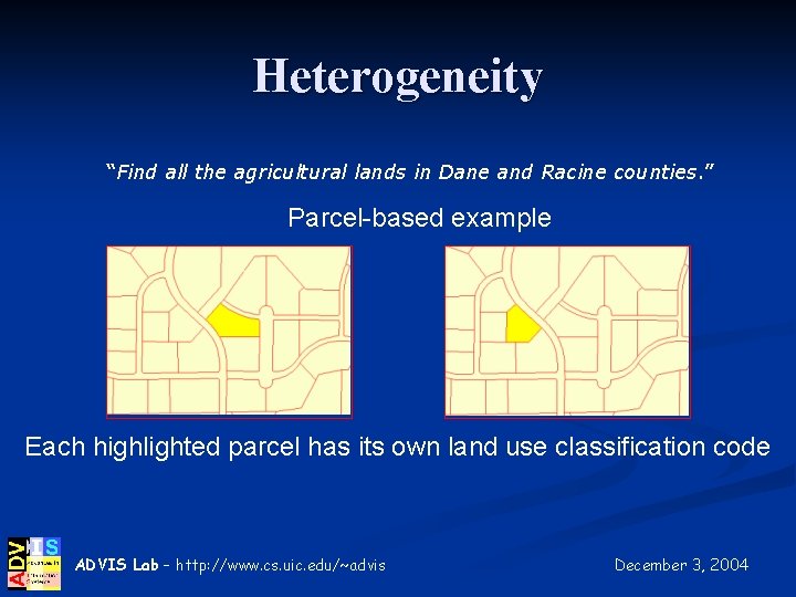 Heterogeneity “Find all the agricultural lands in Dane and Racine counties. ” Parcel-based example