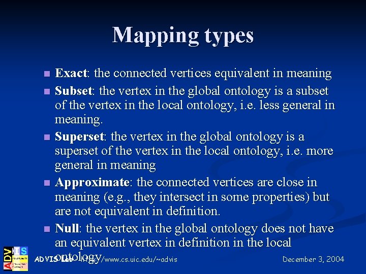 Mapping types Exact: the connected vertices equivalent in meaning n Subset: the vertex in