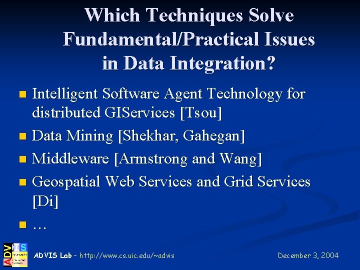 Which Techniques Solve Fundamental/Practical Issues in Data Integration? Intelligent Software Agent Technology for distributed