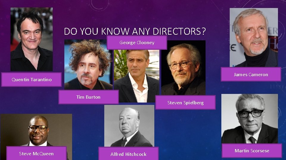 DO YOU KNOW ANY DIRECTORS? George Clooney James Cameron Quentin Tarantino Tim Burton Steve