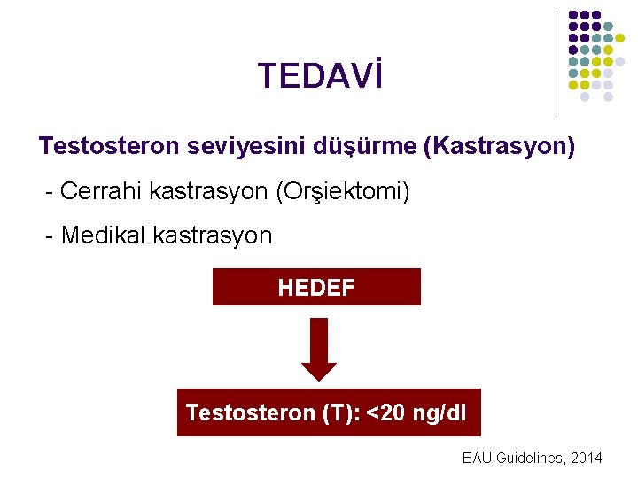 TEDAVİ Testosteron seviyesini düşürme (Kastrasyon) - Cerrahi kastrasyon (Orşiektomi) - Medikal kastrasyon HEDEF Testosteron