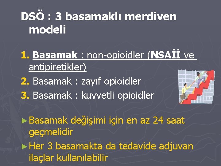 DSÖ : 3 basamaklı merdiven modeli 1. Basamak : non-opioidler (NSAİİ ve antipiretikler) 2.