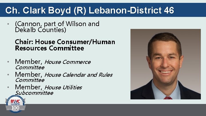 Ch. Clark Boyd (R) Lebanon-District 46 • (Cannon, part of Wilson and Dekalb Counties)