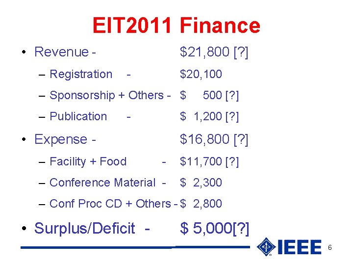 EIT 2011 Finance • Revenue – Registration $21, 800 [? ] - $20, 100