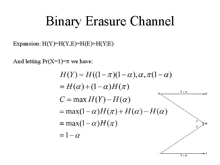 Binary Erasure Channel Expansion: H(Y)=H(Y, E)=H(E)+H(Y|E) And letting Pr(X=1)= we have: 