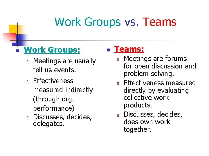 Work Groups vs. Teams n Work Groups: Meetings are usually tell-us events. Effectiveness measured