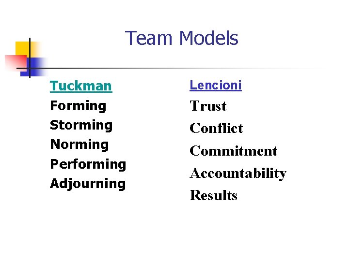 Team Models Tuckman Forming Storming Norming Performing Adjourning Lencioni Trust Conflict Commitment Accountability Results