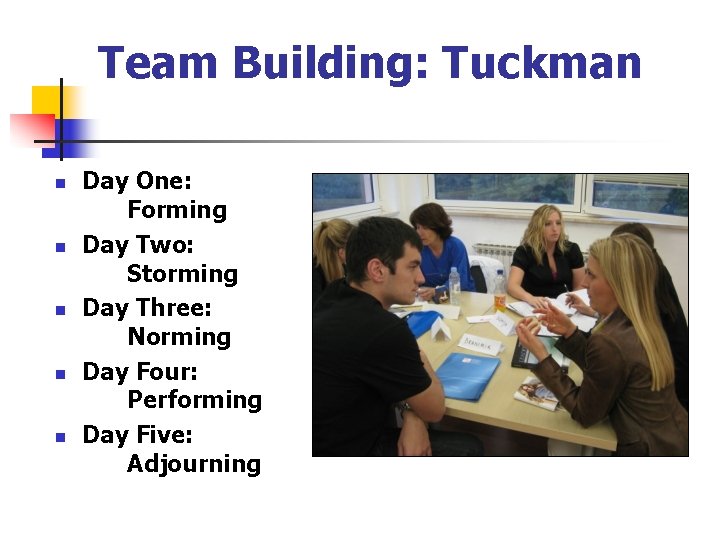 Team Building: Tuckman n n Day One: Forming Day Two: Storming Day Three: Norming