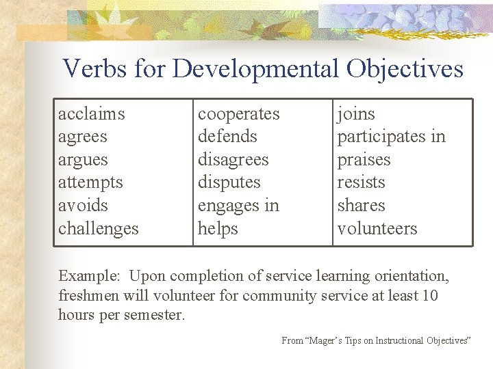 Verbs for Developmental Objectives acclaims agrees argues attempts avoids challenges cooperates defends disagrees disputes