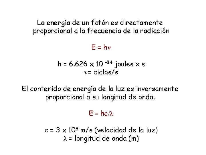 La energía de un fotón es directamente proporcional a la frecuencia de la radiación