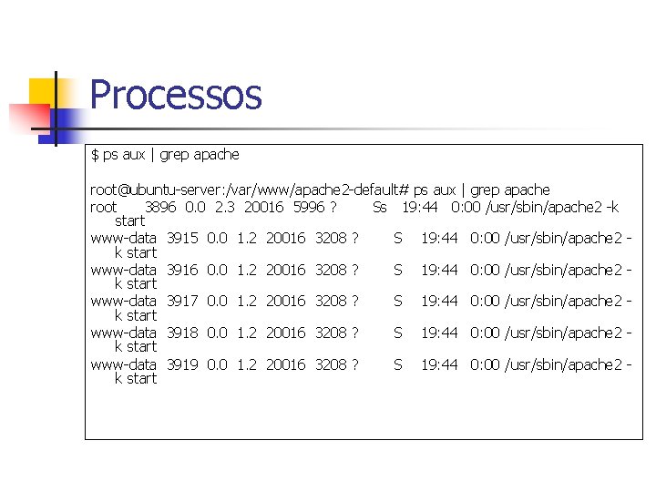 Processos $ ps aux | grep apache root@ubuntu-server: /var/www/apache 2 -default# ps aux |