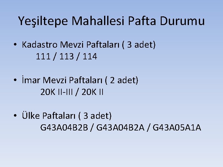 Yeşiltepe Mahallesi Pafta Durumu • Kadastro Mevzi Paftaları ( 3 adet) 111 / 113