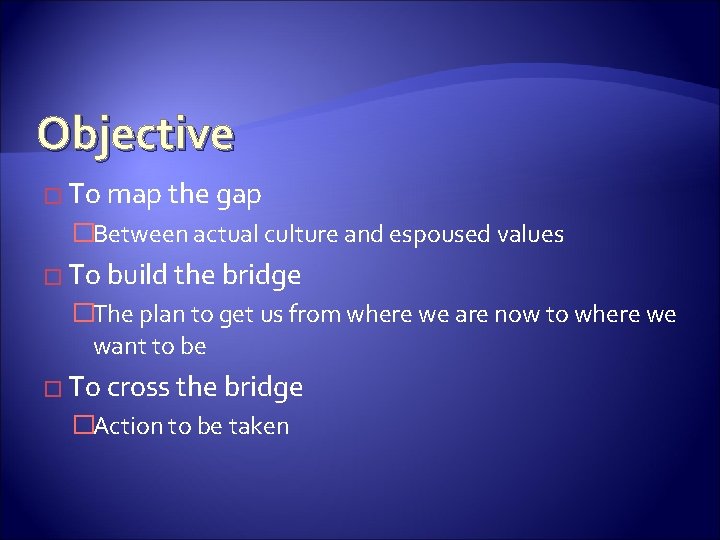 Objective � To map the gap �Between actual culture and espoused values � To