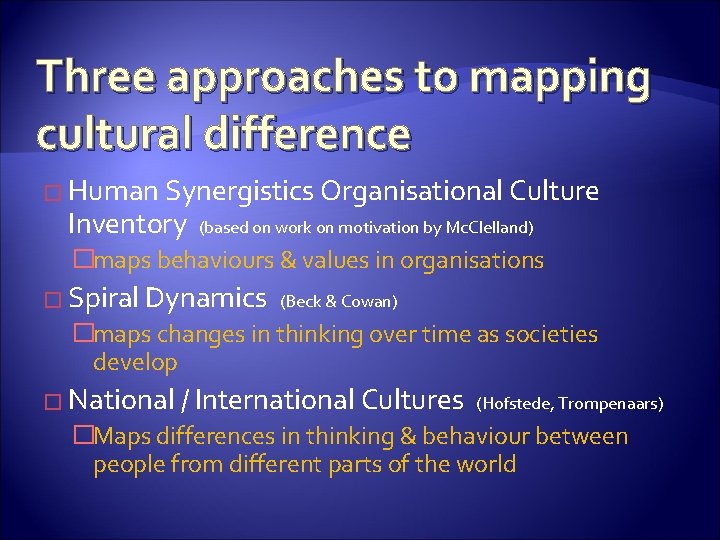 Three approaches to mapping cultural difference � Human Synergistics Organisational Culture Inventory (based on