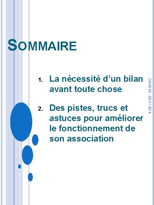 SOMMAIRE La nécessité d’un bilan avant toute chose 2. Des pistes, trucs et astuces