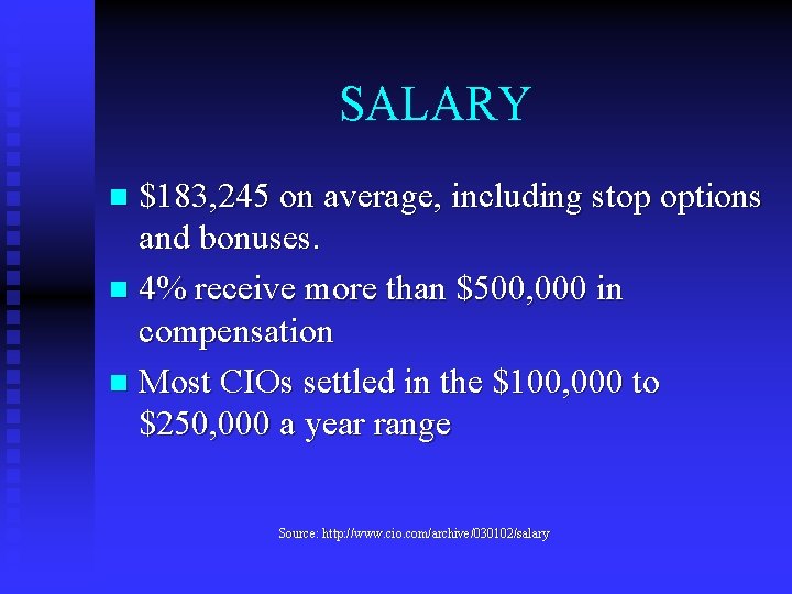 SALARY $183, 245 on average, including stop options and bonuses. n 4% receive more