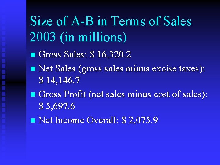 Size of A-B in Terms of Sales 2003 (in millions) Gross Sales: $ 16,