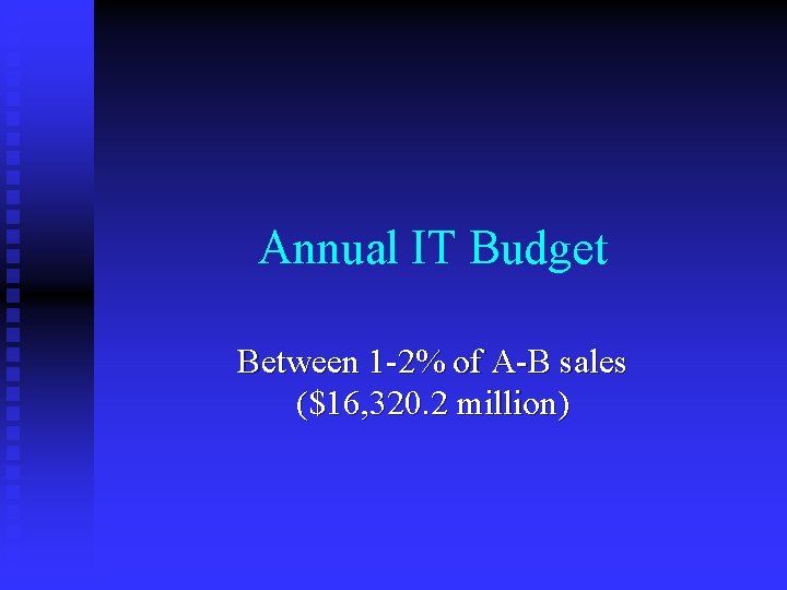 Annual IT Budget Between 1 -2% of A-B sales ($16, 320. 2 million) 