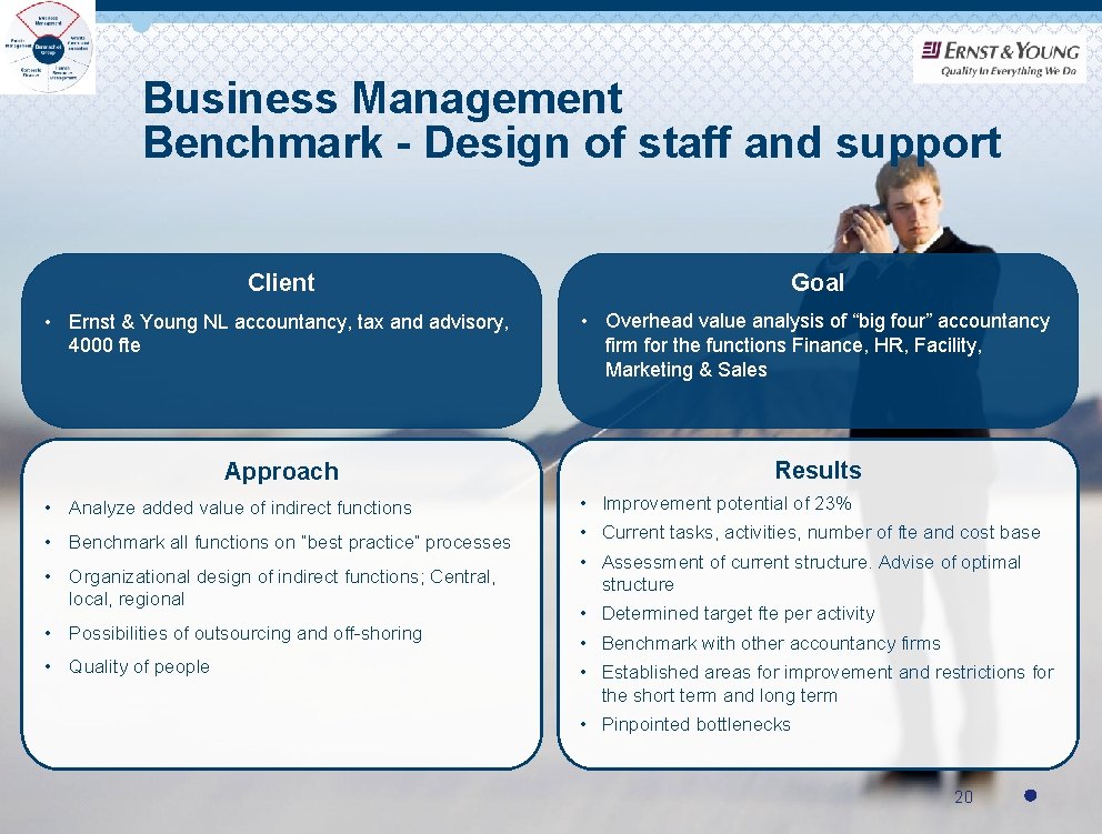 Business Management Benchmark - Design of staff and support Client Goal • Ernst &