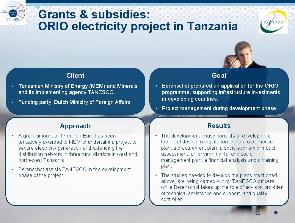 Grants & subsidies: ORIO electricity project in Tanzania Client Goal • Tanzanian Ministry of