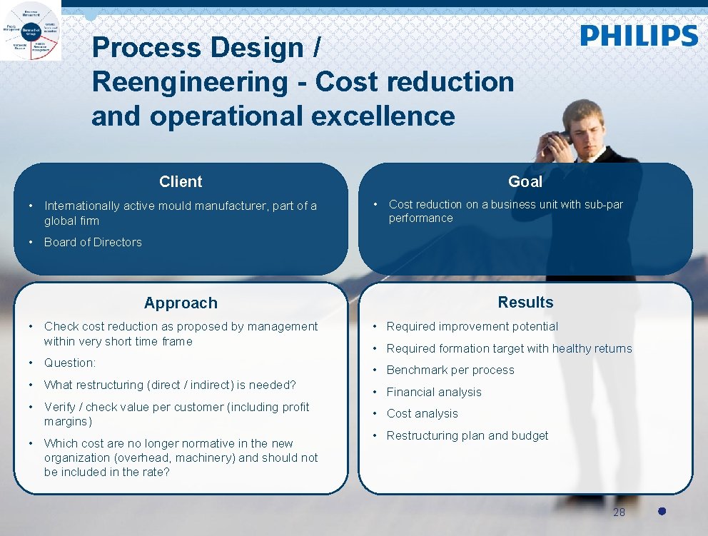 Process Design / Reengineering - Cost reduction and operational excellence Goal Client • Internationally