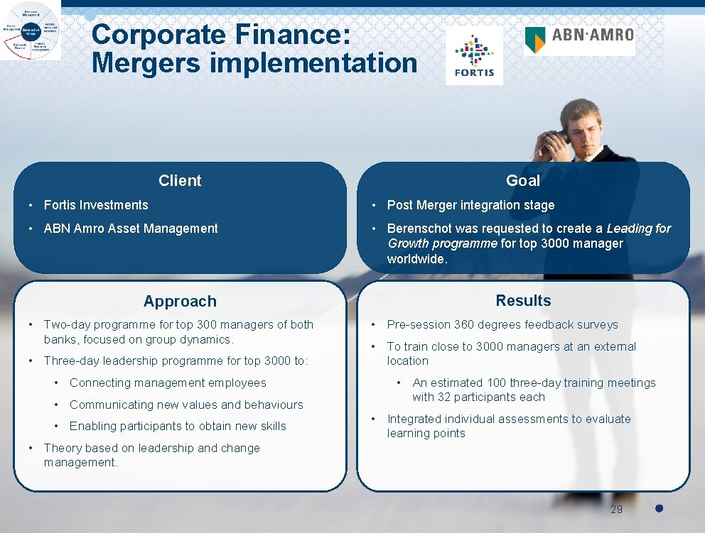 Corporate Finance: Mergers implementation Client Goal • Fortis Investments • Post Merger integration stage
