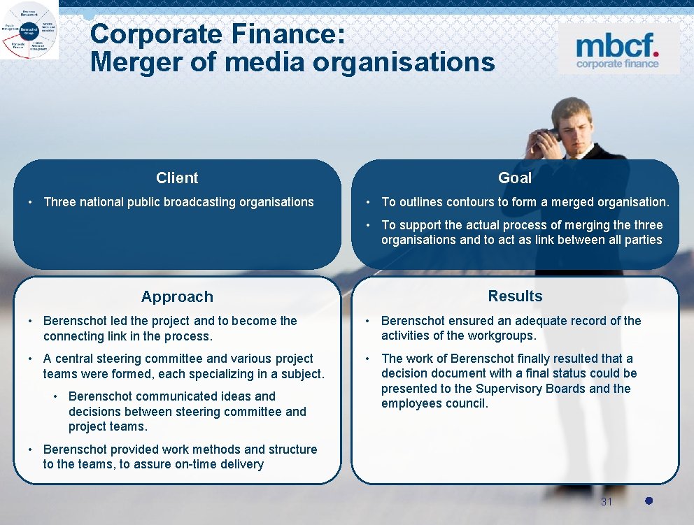 Corporate Finance: Merger of media organisations Client • Three national public broadcasting organisations Goal