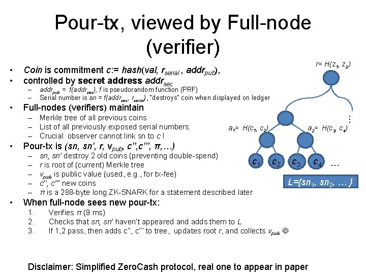 Pour-tx, viewed by Full-node (verifier) • • – – • addrpub = f(addrsec), f