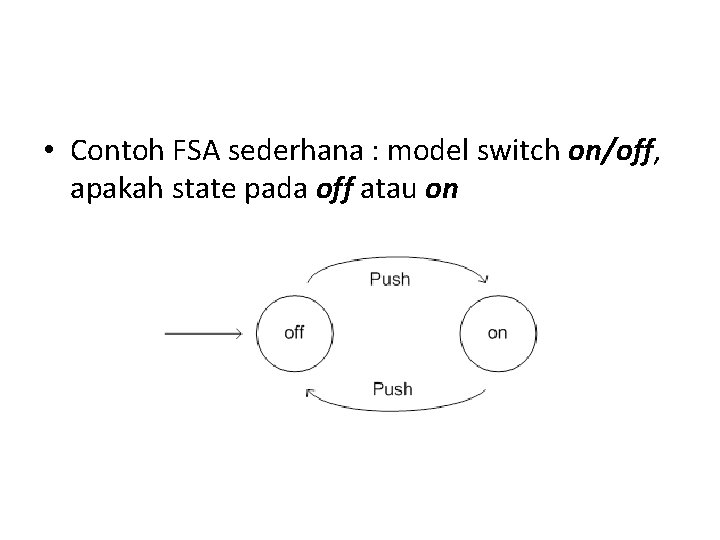  • Contoh FSA sederhana : model switch on/off, apakah state pada off atau