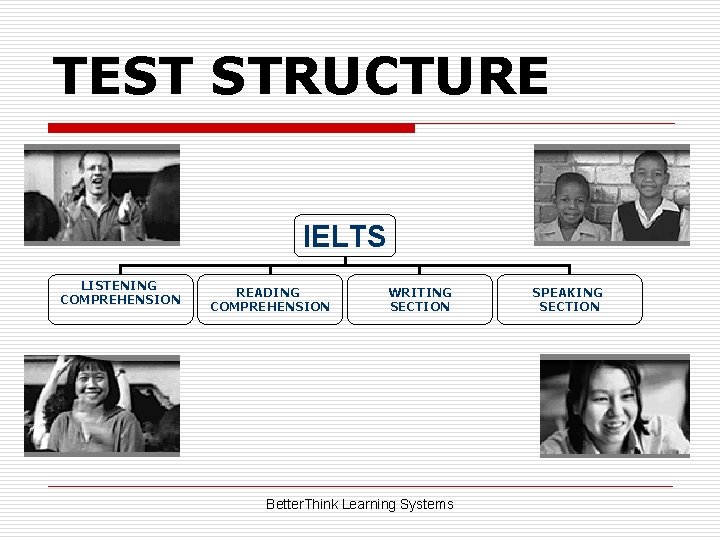 TEST STRUCTURE IELTS LISTENING COMPREHENSION READING COMPREHENSION WRITING SECTION Better. Think Learning Systems SPEAKING