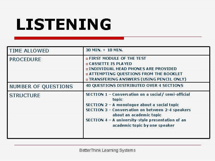 LISTENING TIME ALLOWED 30 MIN. + 10 MIN. PROCEDURE o o o FIRST MODULE