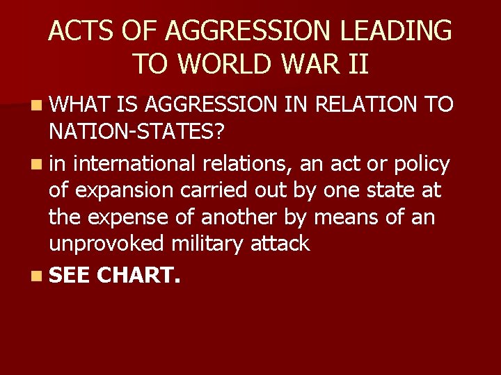 ACTS OF AGGRESSION LEADING TO WORLD WAR II n WHAT IS AGGRESSION IN RELATION