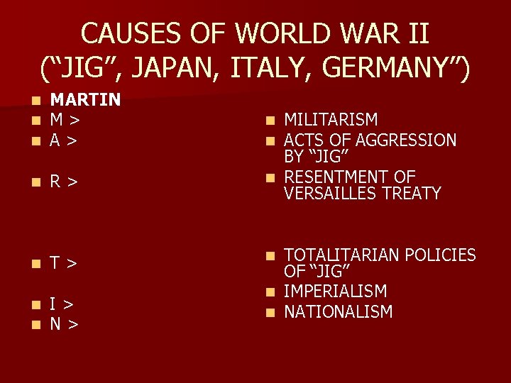 CAUSES OF WORLD WAR II (“JIG”, JAPAN, ITALY, GERMANY”) n n n MARTIN M>