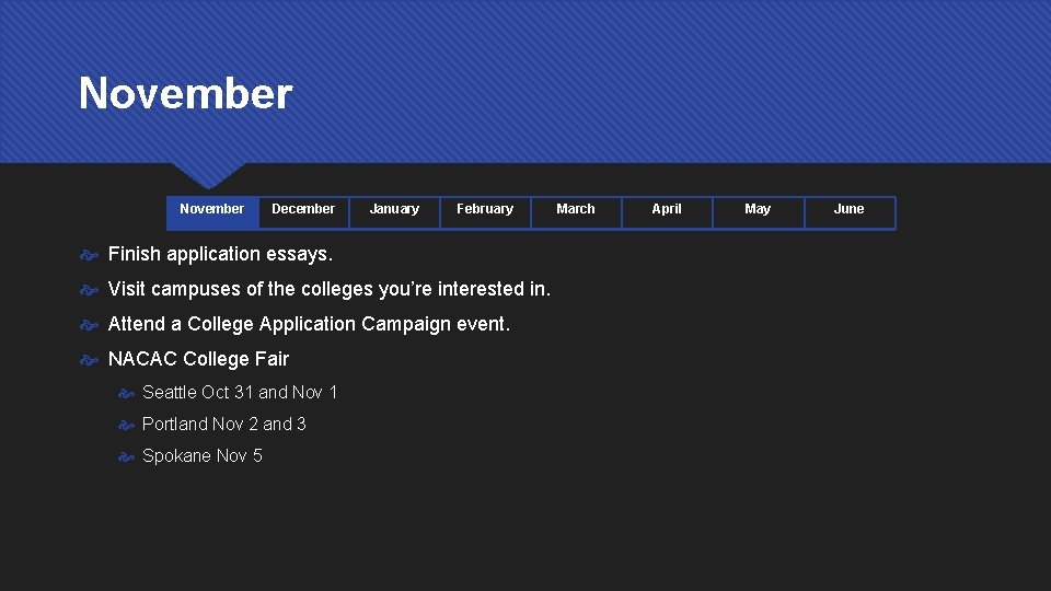 November December January February Finish application essays. Visit campuses of the colleges you’re interested