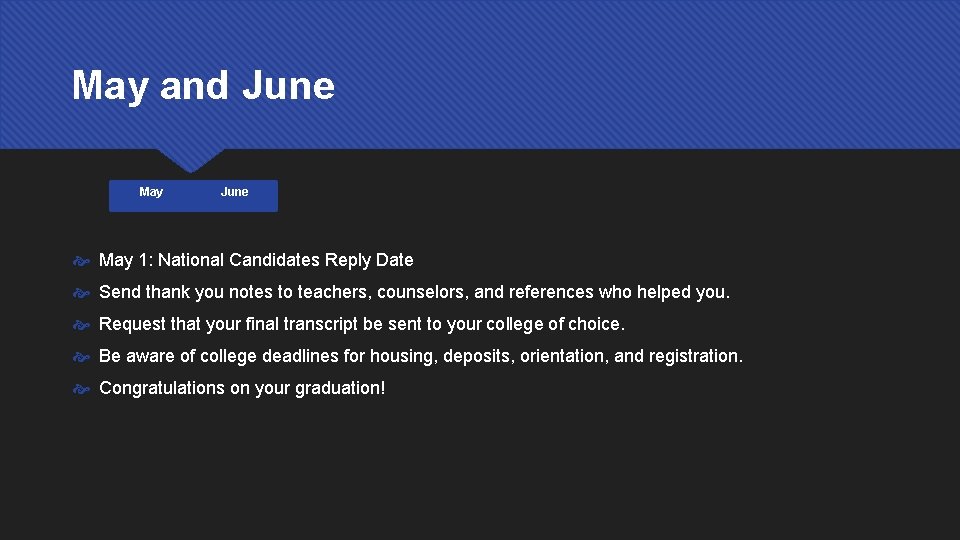 May and June May June May 1: National Candidates Reply Date Send thank you