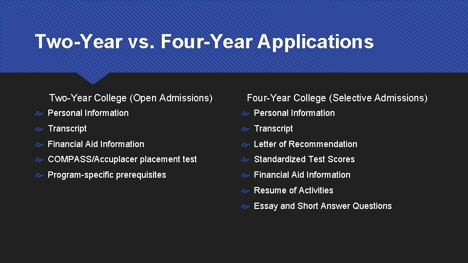 Two-Year vs. Four-Year Applications Two-Year College (Open Admissions) Four-Year College (Selective Admissions) Personal Information