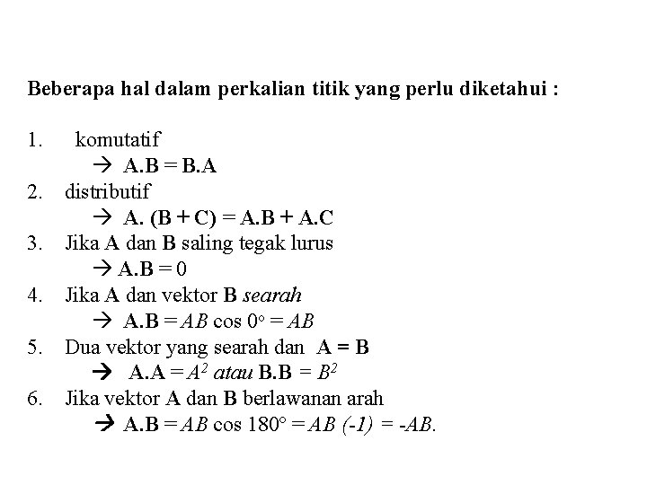 Beberapa hal dalam perkalian titik yang perlu diketahui : 1. komutatif A. B =