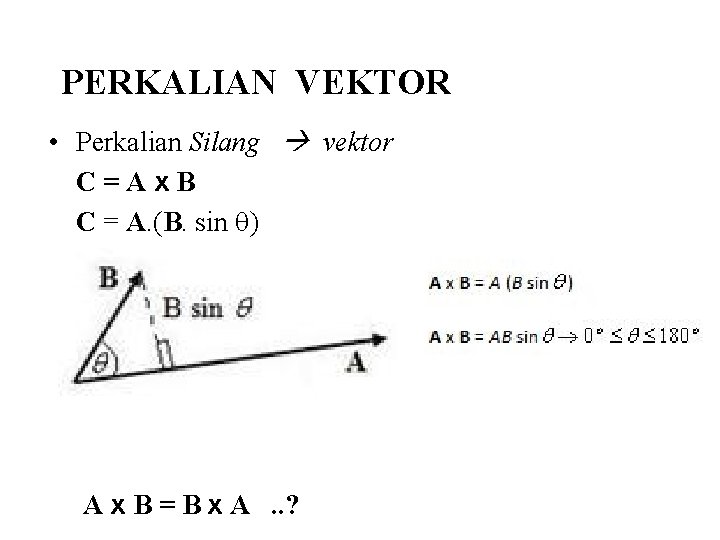 PERKALIAN VEKTOR • Perkalian Silang vektor C=Ax. B C = A. (B. sin )