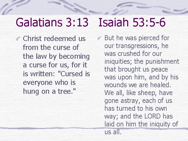 Galatians 3: 13 Isaiah 53: 5 -6 Christ redeemed us from the curse of