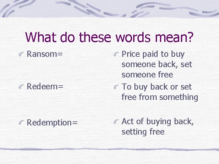 What do these words mean? Ransom= Redeem= Redemption= Price paid to buy someone back,