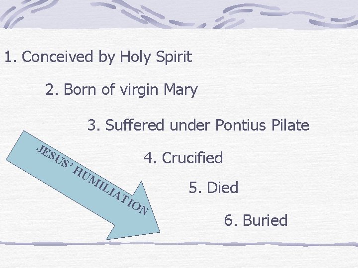 1. Conceived by Holy Spirit 2. Born of virgin Mary 3. Suffered under Pontius