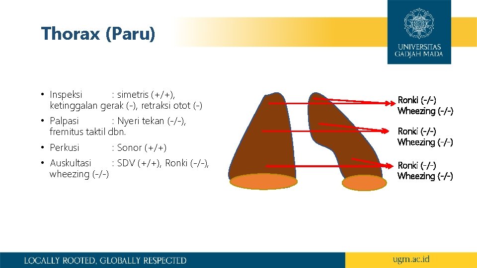 Thorax (Paru) • Inspeksi : simetris (+/+), ketinggalan gerak (-), retraksi otot (-) •