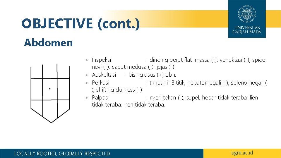 OBJECTIVE (cont. ) Abdomen • Inspeksi : dinding perut flat, massa (-), venektasi (-),