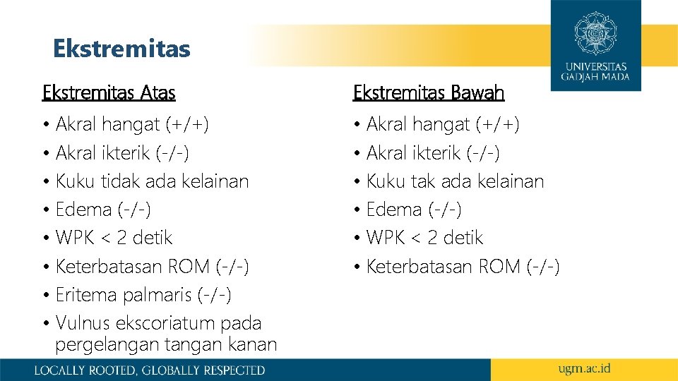 Ekstremitas Atas Ekstremitas Bawah • Akral hangat (+/+) • Akral ikterik (-/-) • Kuku