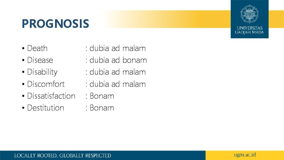 PROGNOSIS • Death • Disease • Disability • Discomfort • Dissatisfaction • Destitution :